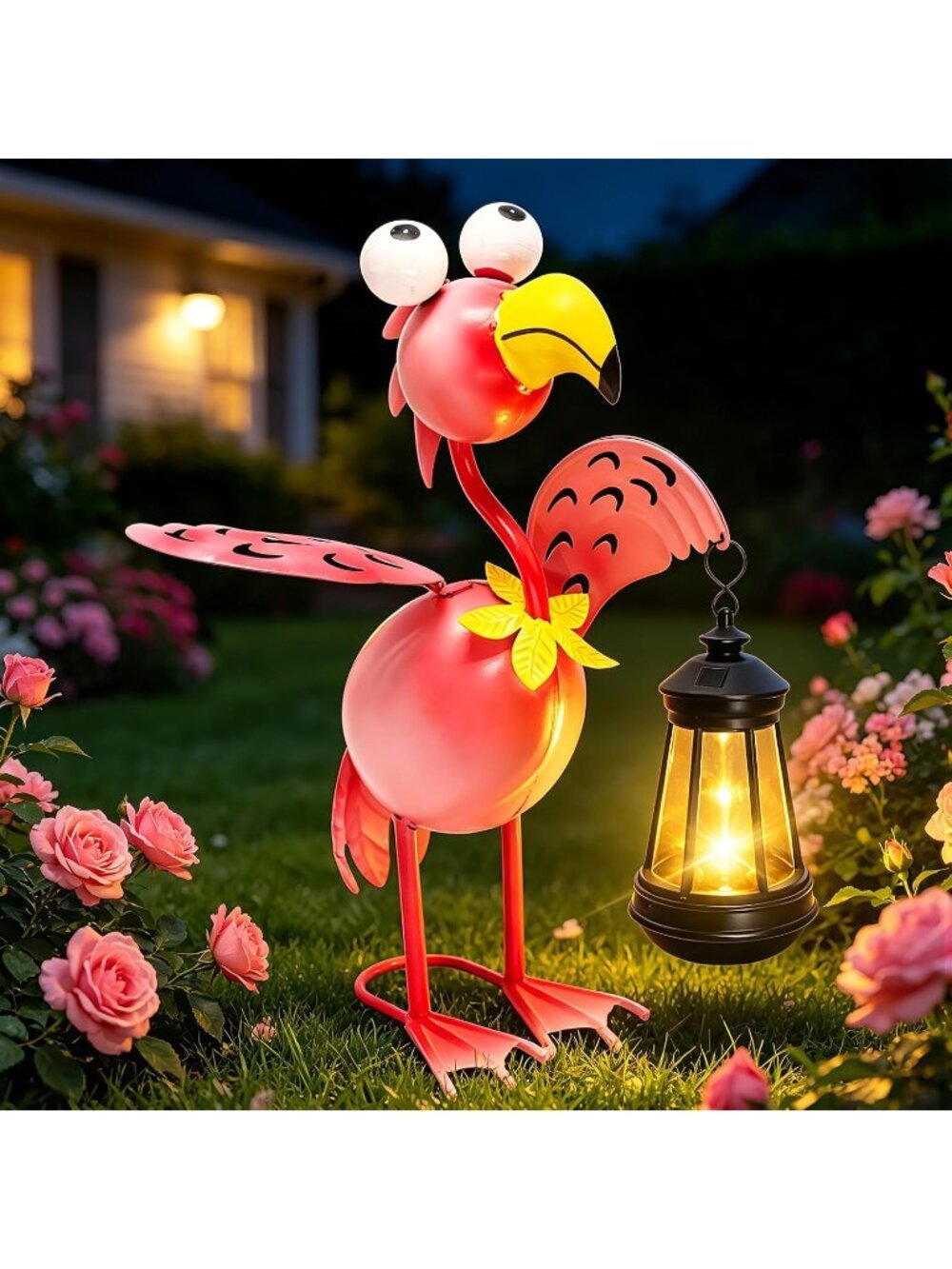 Solar Flamingo Garden Statue with Lantern Metal Flamingo Outdoor Yard Decor